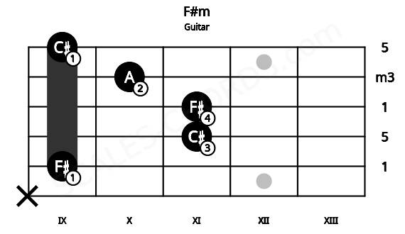 Fretboard image for the F#m chord on guitar frets: x 9 11 11 10 9
