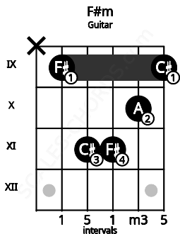 Fretboard image for the F#m chord on guitar frets: x 9 11 11 10 9