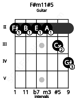 Fretboard image for the F#m11#5 chord on guitar frets: 2 2 2 2 3 4