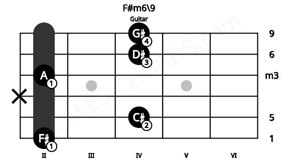 Fretboard image for the F#m6\9 chord on guitar frets: 2 4 x 2 4 4