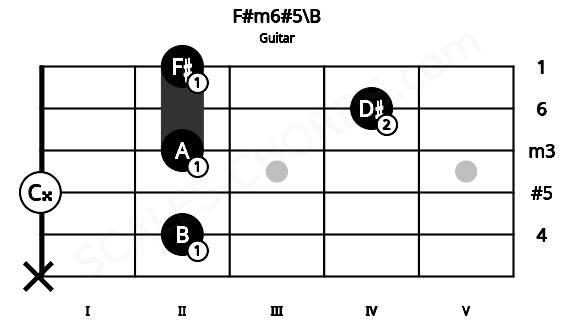 Fretboard image for the F#m6#5\B chord on guitar frets: x 2 0 2 4 2