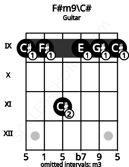 Fretboard image for the F#m9\C# chord on guitar frets: 9 9 11 9 9 9
