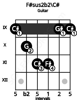 Fretboard image for the F#sus2b2\C# chord on guitar frets: 9 10 11 11 9 9