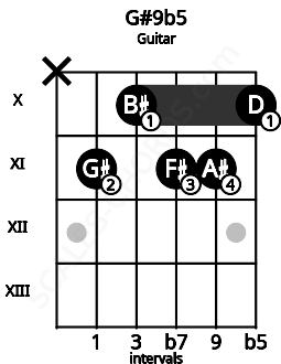Fretboard image for the G#9b5 chord on guitar frets: x 11 10 11 11 10