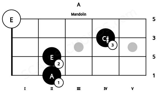 Fretboard image for the A chord on mandolin frets: 2 2 4 0