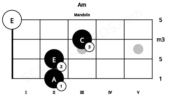 Fretboard image for the Am chord on mandolin frets: 2 2 3 0