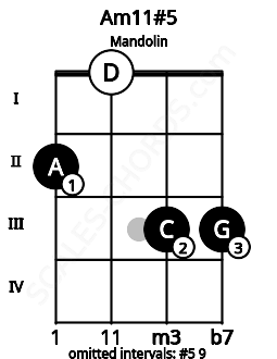 Fretboard image for the Am11#5 chord on mandolin frets: 2 0 3 3