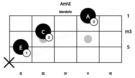 Fretboard image for the Am\E chord on mandolin frets: x 2 3 5