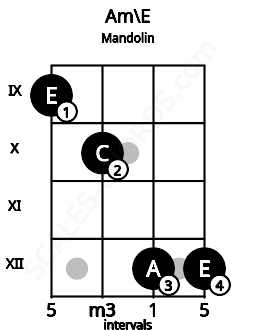 Fretboard image for the Am\E chord on mandolin frets: 9 10 12 12