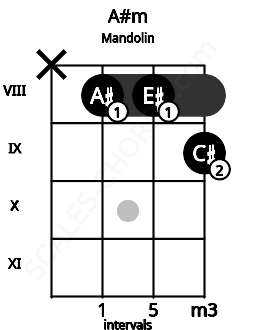 Fretboard image for the A#m chord on mandolin frets: x 8 8 9