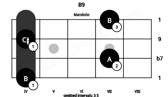Fretboard image for the B9 chord on mandolin frets: 4 7 4 7