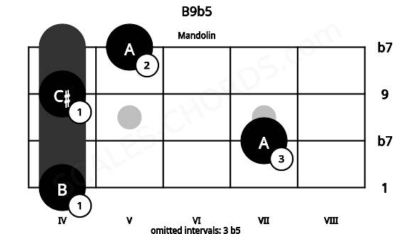 Fretboard image for the B9b5 chord on mandolin frets: 4 7 4 5