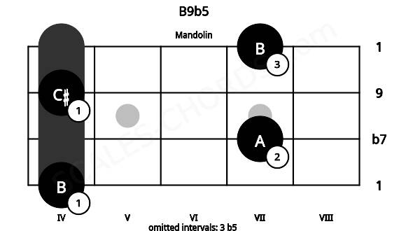 Fretboard image for the B9b5 chord on mandolin frets: 4 7 4 7