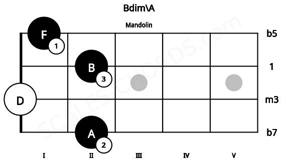 Fretboard image for the Bdim\A chord on mandolin frets: 2 0 2 1