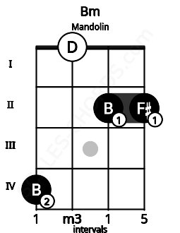 Fretboard image for the Bm chord on mandolin frets: 4 0 2 2