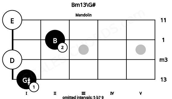 Fretboard image for the Bm13\G# chord on mandolin frets: 1 0 2 0