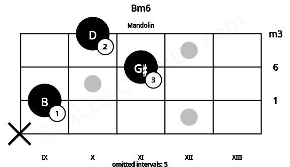 Fretboard image for the Bm6 chord on mandolin frets: x 9 11 10
