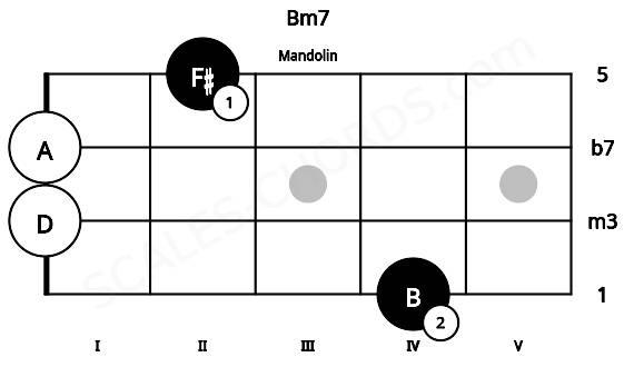 Fretboard image for the Bm7 chord on mandolin frets: 4 0 0 2