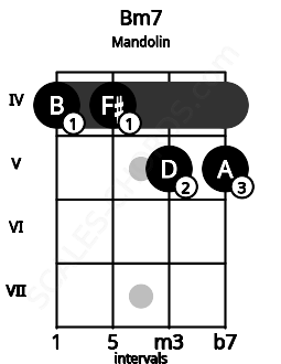 Fretboard image for the Bm7 chord on mandolin frets: 4 4 5 5