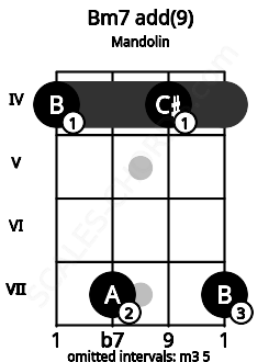 Fretboard image for the Bm7 add(9) chord on mandolin frets: 4 7 4 7