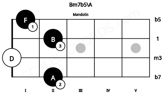 Fretboard image for the Bm7b5\A chord on mandolin frets: 2 0 2 1