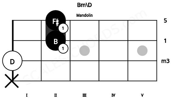 Fretboard image for the Bm\D chord on mandolin frets: x 0 2 2