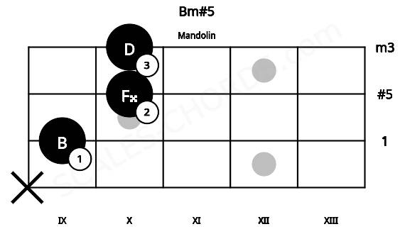 Fretboard image for the Bm#5 chord on mandolin frets: x 9 10 10