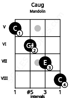 Fretboard image for the Caug chord on mandolin frets: 5 6 7 8