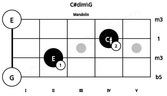 Fretboard image for the C#dim\G chord on mandolin frets: 0 2 4 0