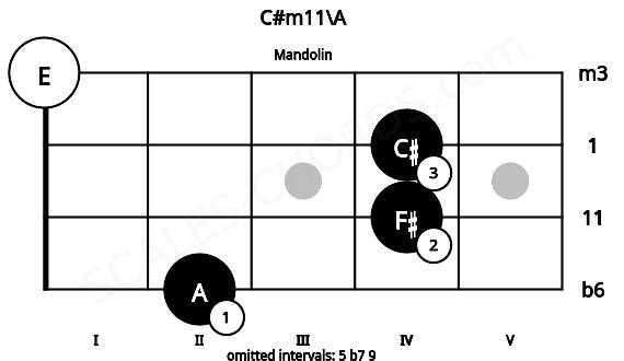 Fretboard image for the C#m11\A chord on mandolin frets: 2 4 4 0