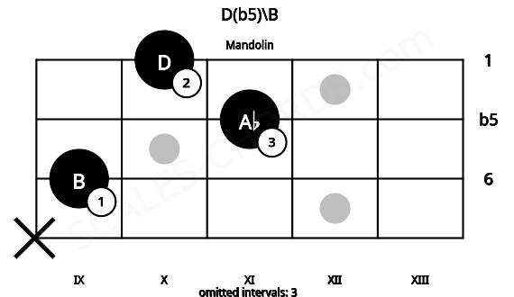 Fretboard image for the D(b5)\B chord on mandolin frets: x 9 11 10