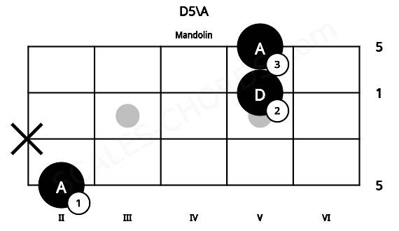 Fretboard image for the D5\A chord on mandolin frets: 2 x 5 5