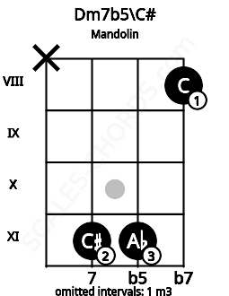 Fretboard image for the Dm7b5\C# chord on mandolin frets: x 11 11 8