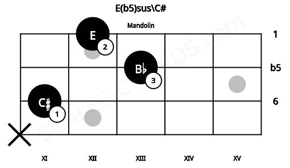 Fretboard image for the E(b5)sus\C# chord on mandolin frets: x 11 13 12