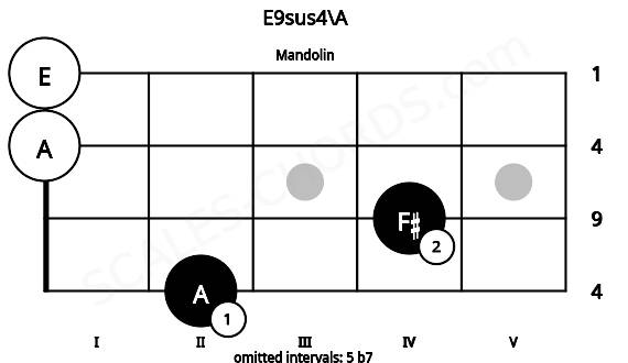 Fretboard image for the E9sus4\A chord on mandolin frets: 2 4 0 0