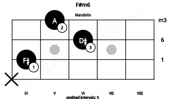 Fretboard image for the F#m6 chord on mandolin frets: x 4 6 5