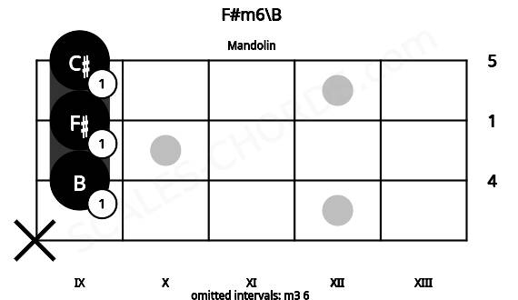 Fretboard image for the F#m6\B chord on mandolin frets: x 9 9 9