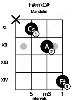 Fretboard image for the F#m\C# chord on mandolin frets: x 11 12 14