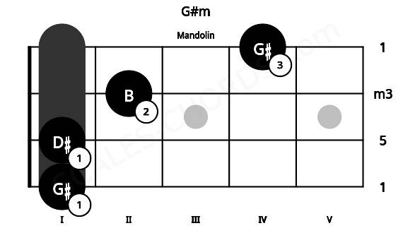 Fretboard image for the G#m chord on mandolin frets: 1 1 2 4