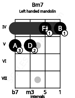 Fretboard image for the Bm7 chord on left handled mandolin frets: 4 4 5 5