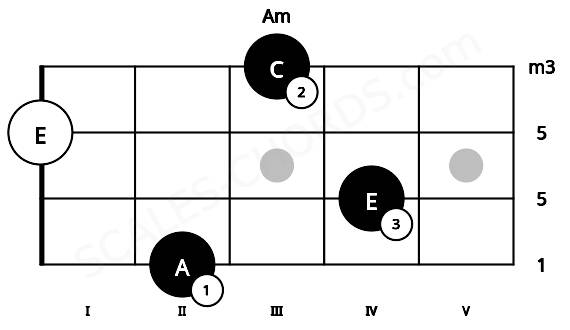Fretboard image for the Am chord on ukulele frets: 2 4 0 3