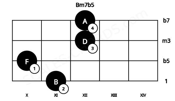 Fretboard image for the Bm7b5 chord on viola frets: 11 10 12 12