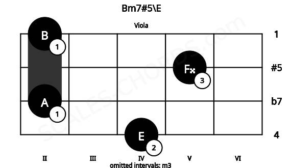 Fretboard image for the Bm7#5\E chord on viola frets: 4 2 5 2