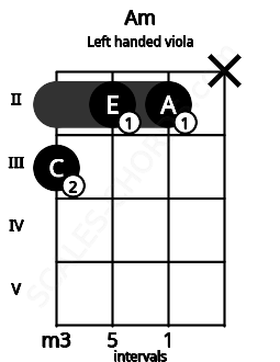 Fretboard image for the Am chord on left handled viola frets: x 2 2 3