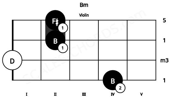 Fretboard image for the Bm chord on violin frets: 4 0 2 2