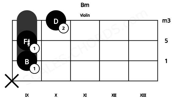 Fretboard image for the Bm chord on violin frets: x 9 9 10